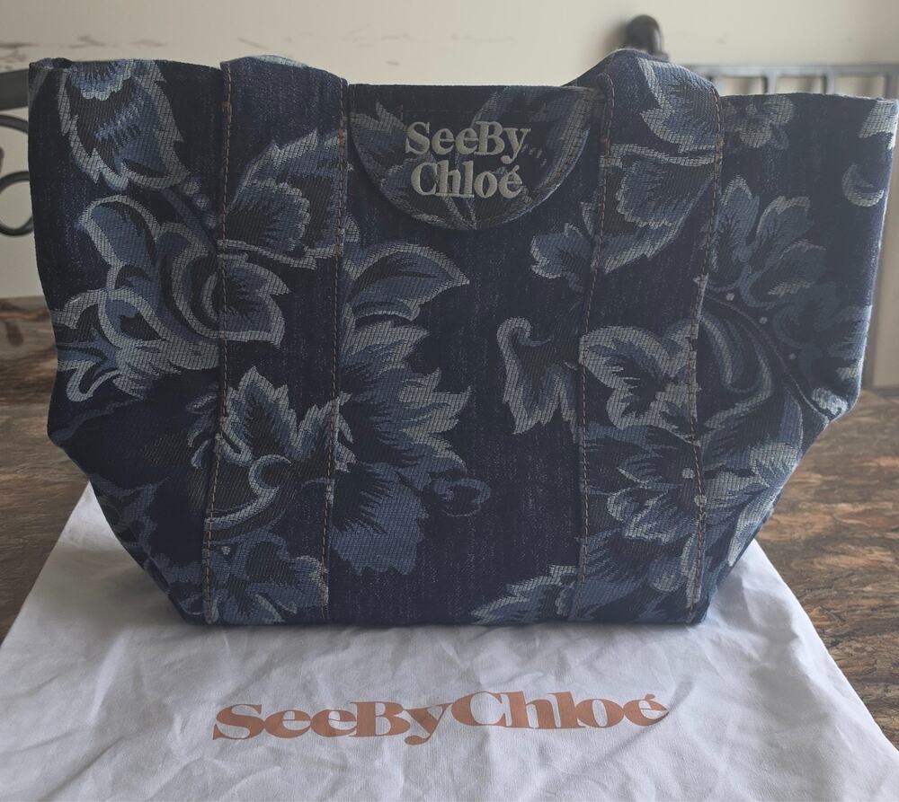 See by Chloe Laetizia Small Tote Denim Floral Jacquard Blue with Dust Bag